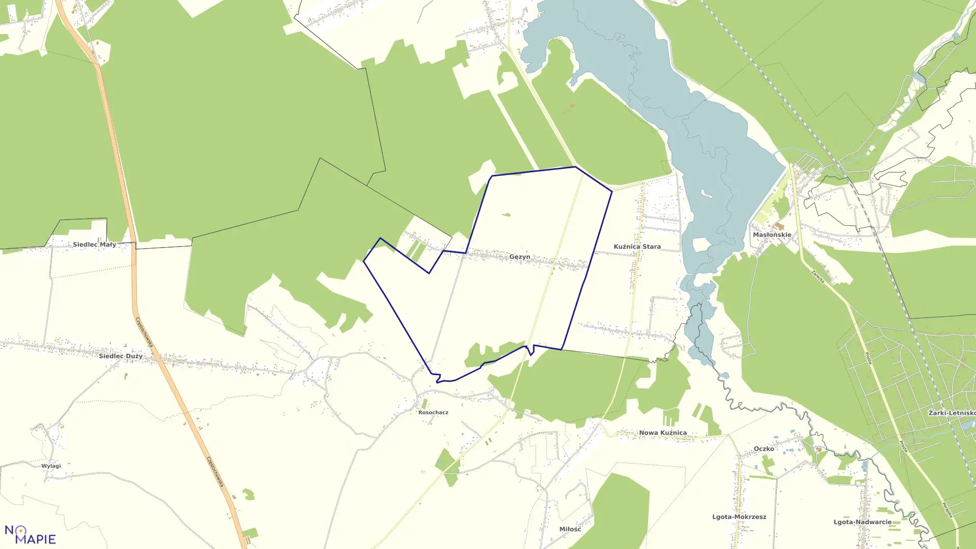 Mapa obrębu Gęzyn w gminie Poraj